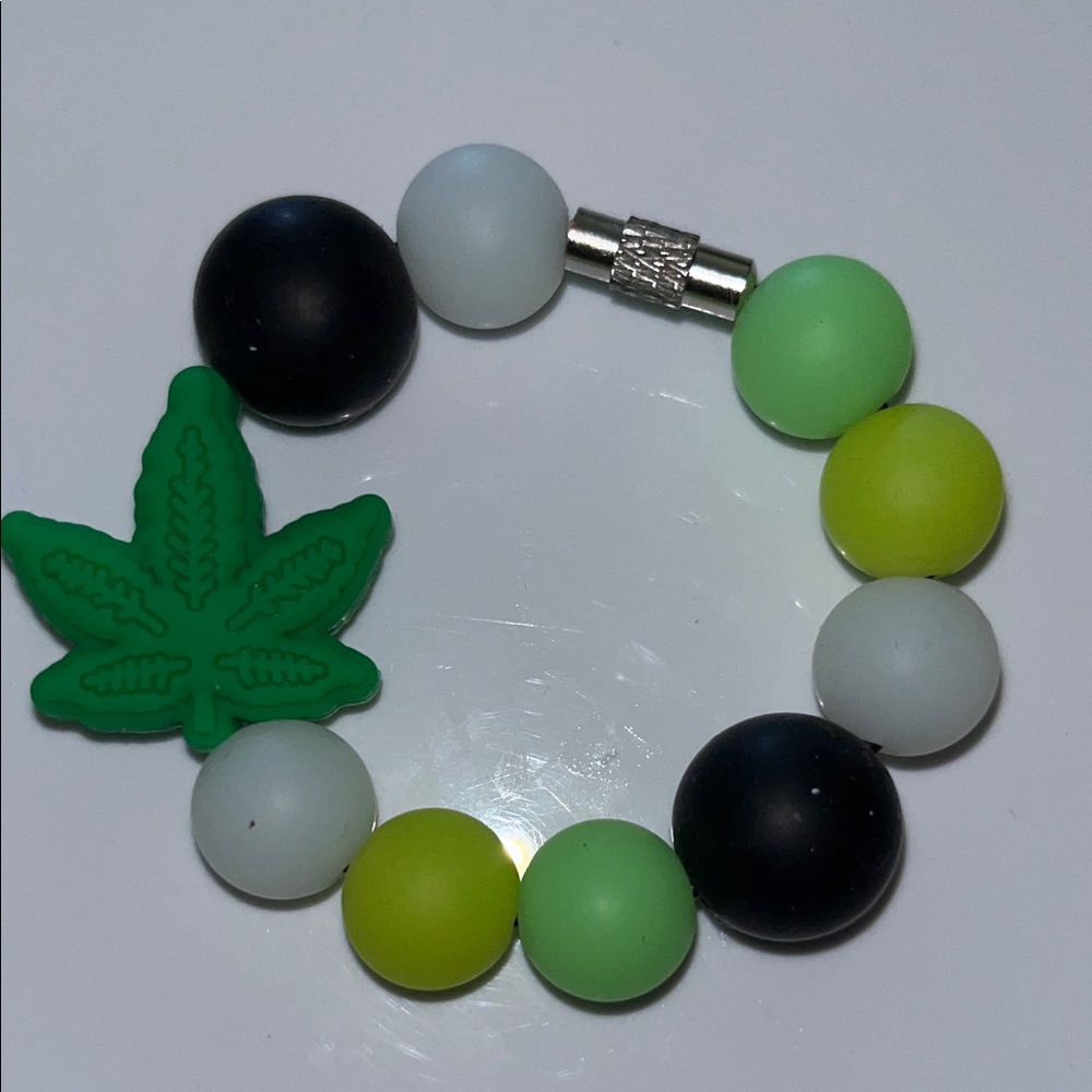 Green and Black Beaded keychain with Leaf Charm